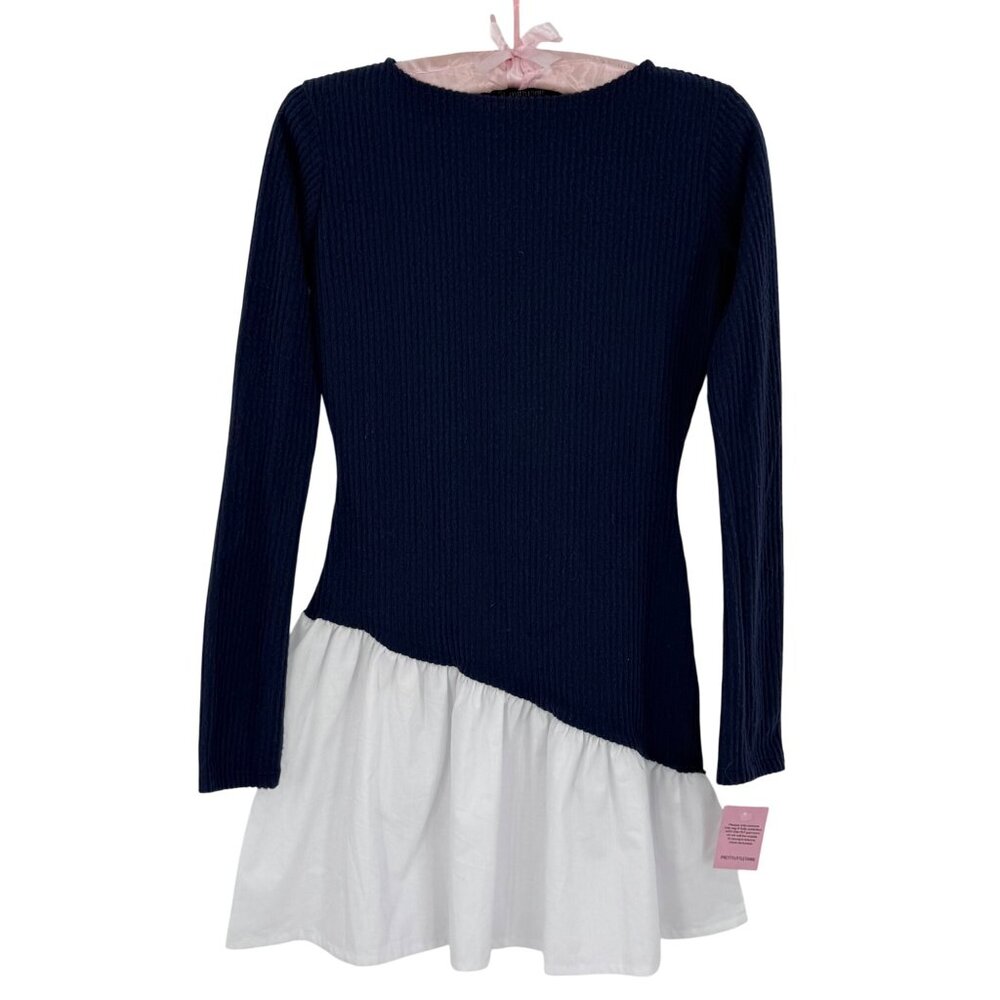 NWT PrettyLittleThing Navy Brushed Rib Asymmetric Ruffle Mini Dress Skater Style - Picture 2 of 16